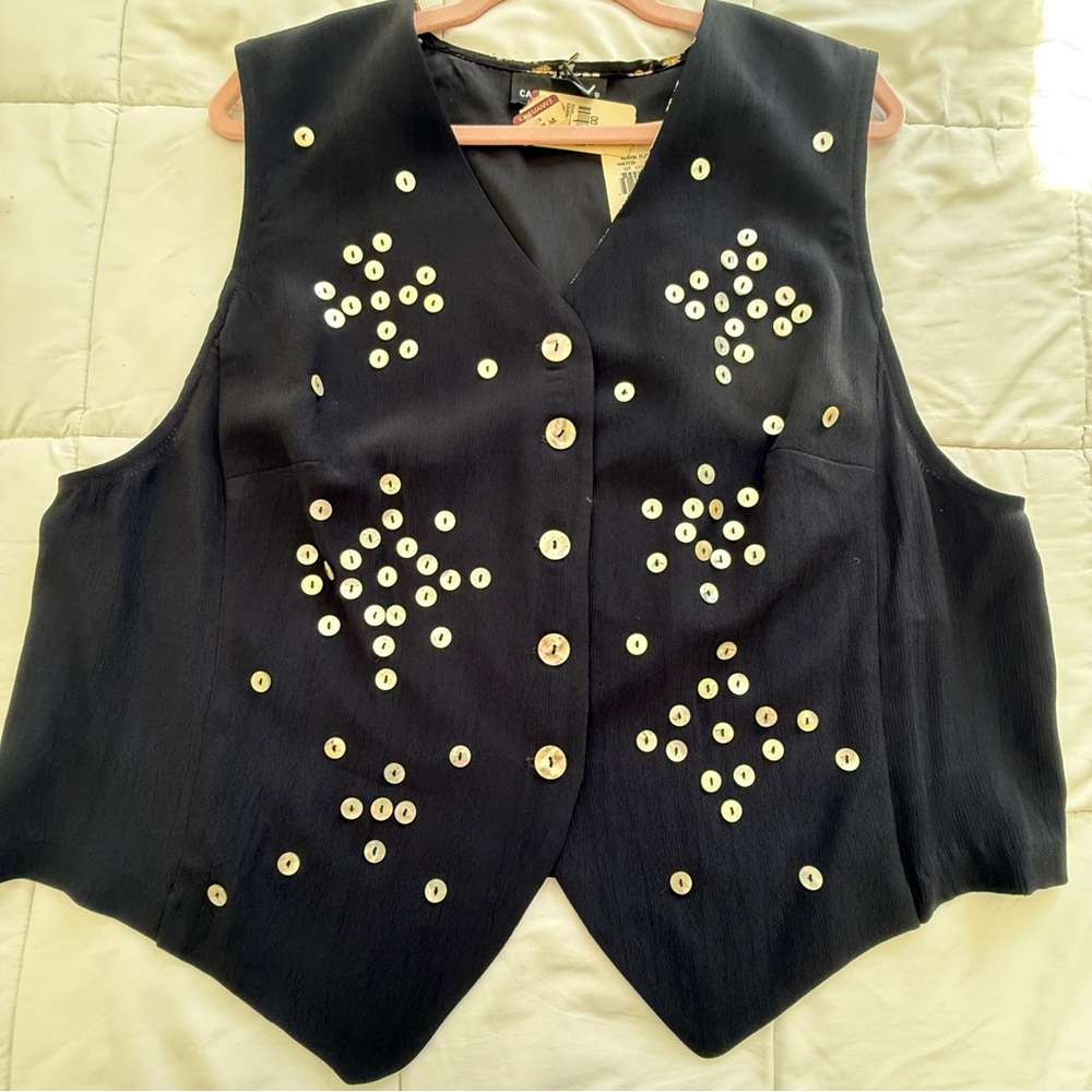 Vintage Carole Little Black Vest w/ Mother of Pearl Women’s 14W Deadstock - Picture 2 of 10